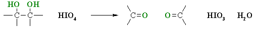 <p>HIO4 / H2O, THF(solvent)</p><p>What happens:&nbsp;</p><p>1,2- or vicinal diols are cleaved by periodic acid, HIO<sub>4</sub>, into two carbonyl compounds.</p><p></p>