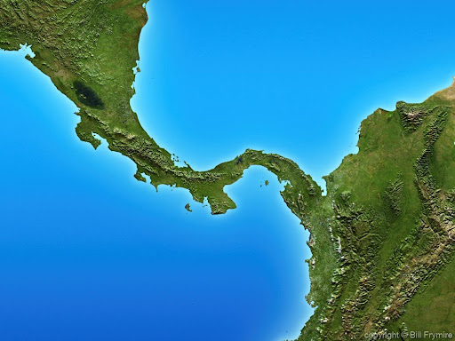 <p>a narrow strip of land that connects two larger landmasses and separates two bodies of water</p>