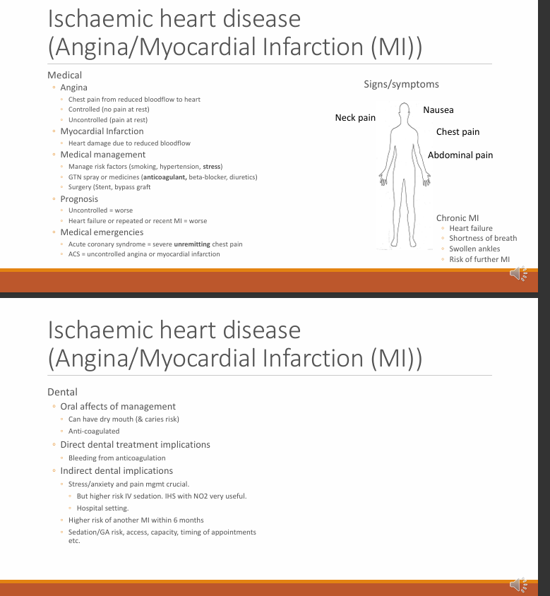 <ul><li><p><strong>stress/anxiety (worsens) and pain management </strong>crucial (inadequate pain control - release of adrenaline - increases load on the heart)</p></li><li><p><strong>Higher risk of IV sedation</strong></p></li><li><p>IHS with NO2 very useful (can dilate arteries to the heart so not only reduces anxiety but also helps with angina pain)</p></li><li><p>hospital setting for sedation if previous MI </p></li><li><p><strong>Higher risk of another MI within 6 months </strong>(careful when supplying any kind of dentistry within this time frame, delay all elective treatment, precaution with emergency tx)</p></li><li><p><strong>sedation/GA risk</strong>, access, timing of appointment etc</p></li><li><p><strong>LA with adrenaline,</strong> generally if it is controlled you can still use them, if uncontrolled you might need to use plain solutions or restrict the use of LA as the adrenaline increases the load on the heart</p></li></ul><p></p>