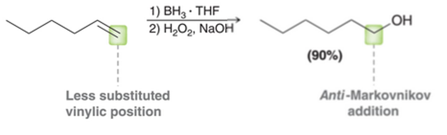 <p>A method for achieving an anti-Markovnikov addition of water across a pi bond. Places the OH group at the less substituted carbon</p>