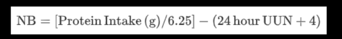 <ul><li><p>Subtract the total nitrogen output from total nitrogen intake</p></li></ul><p>The total nitrogen intake is determined by dividing the daily protein intake (grams)</p><p>from both enteral and parenteral sources by 6.25</p><ul><li><p>Nitrogen output consists primarily as urine urea nitrogen (UUN)</p></li></ul><p>­ An aliquot of a 24-hour urine collection is assayed for its urea nitrogen content by a standard</p><p>enzymatic laboratory technique</p><ul><li><p>The above value, plus 4 (the constant used for nitrogen losses from the skin and feces),</p></li></ul><p>is subtracted from the grams of nitrogen intake during the same 24-hour period to</p><p>calculate the NB</p>