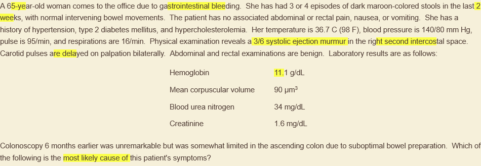 <p>aortic stenosis, possibly due to acquired vWF deficiency (disruption of multimers passing through turbulent valve)</p><p></p><p>angiodysplasia = dilated submucosal beins &amp; avms, ↑ after 60y; asymptomatic require no tx, otherwise endoscopic cautery</p>