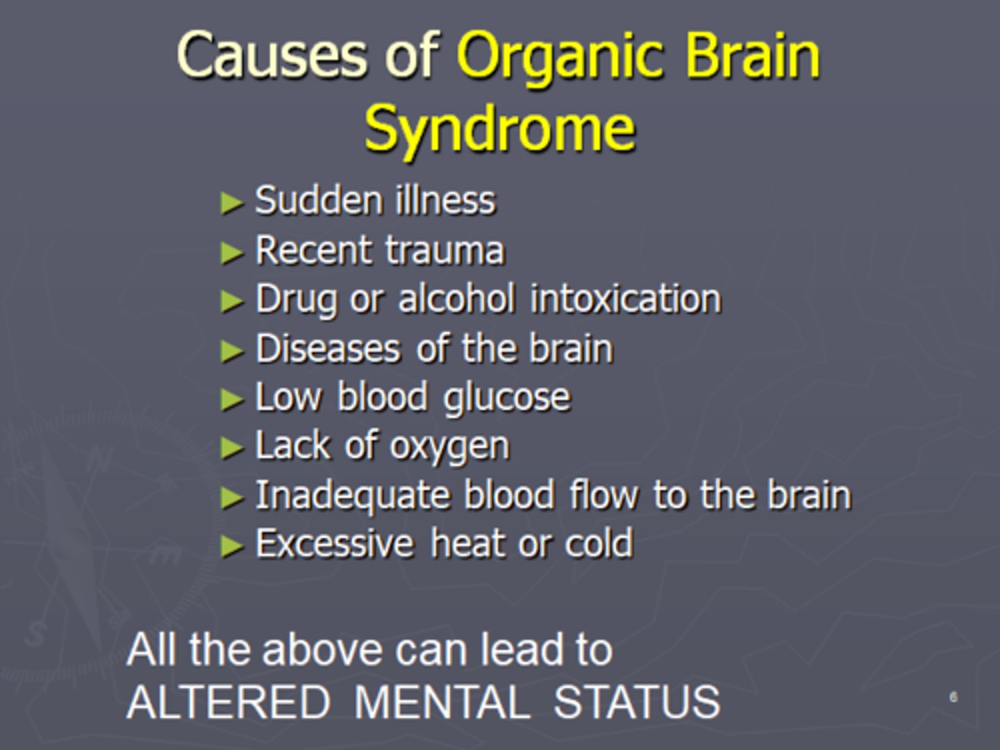 <p>Temporary or permanent dysfunction of the brain, caused by a disturbance in the physical or physiologic functioning of brain tissue.</p>