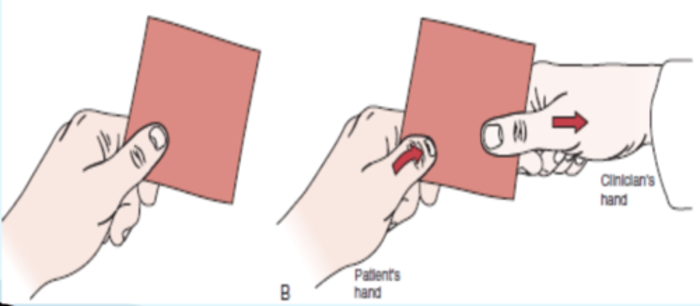 <p>- ulnar nerve dysfunction</p><p>(+): When the examiner attempts to pull away the paper, the terminal phalanx of the thumb flexes because of paralysis of the adductor pollicis muscle, indicating a positive test.</p><p>- If, at the same time, the metacarpophalangeal joint of the thumb hyperextends, the hyperextension is noted as a positive Jeanne's sign. Both tests, if positive, are indicative of ulnar nerve paralysis</p>