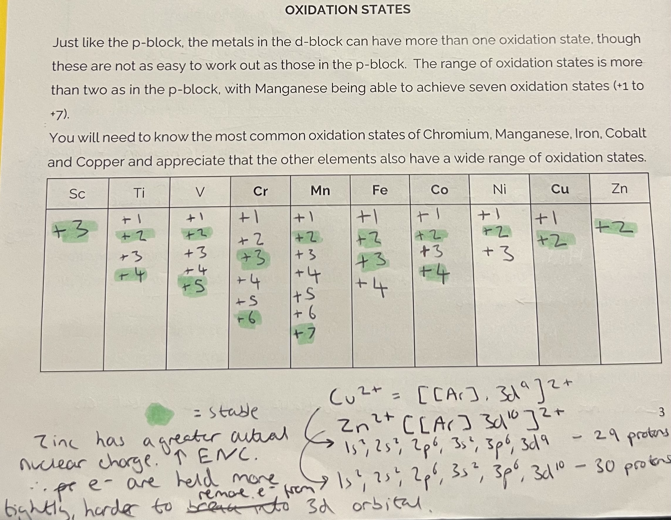 <p><span>The elements can reach a range of oxidation states as the energies of the 4s and 3d orbitals are very similar, so electrons can be removed from each. </span></p><p><span>When compounds are formed, the energy released when bonds are made can be used to remove further electrons and obtain a higher oxidation state.</span></p>