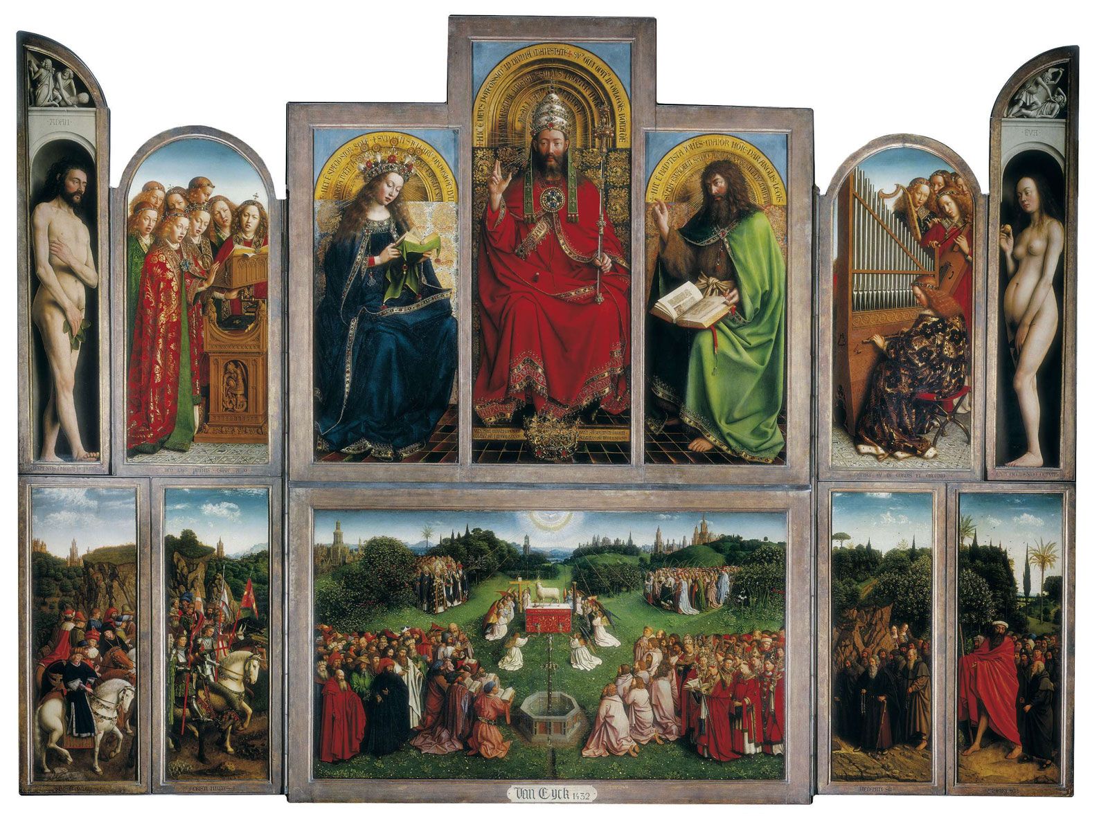 <p><span><strong><span>(Hubert) and Jan van Eyck created this panel art piece with oil paint, 12ft by 15ft.</span></strong></span></p><p><span style="background-color: transparent;"><strong><span>Jesus being the Lamb represents the sacrifice he made, since animals were sacrificed during this time. </span></strong></span></p>