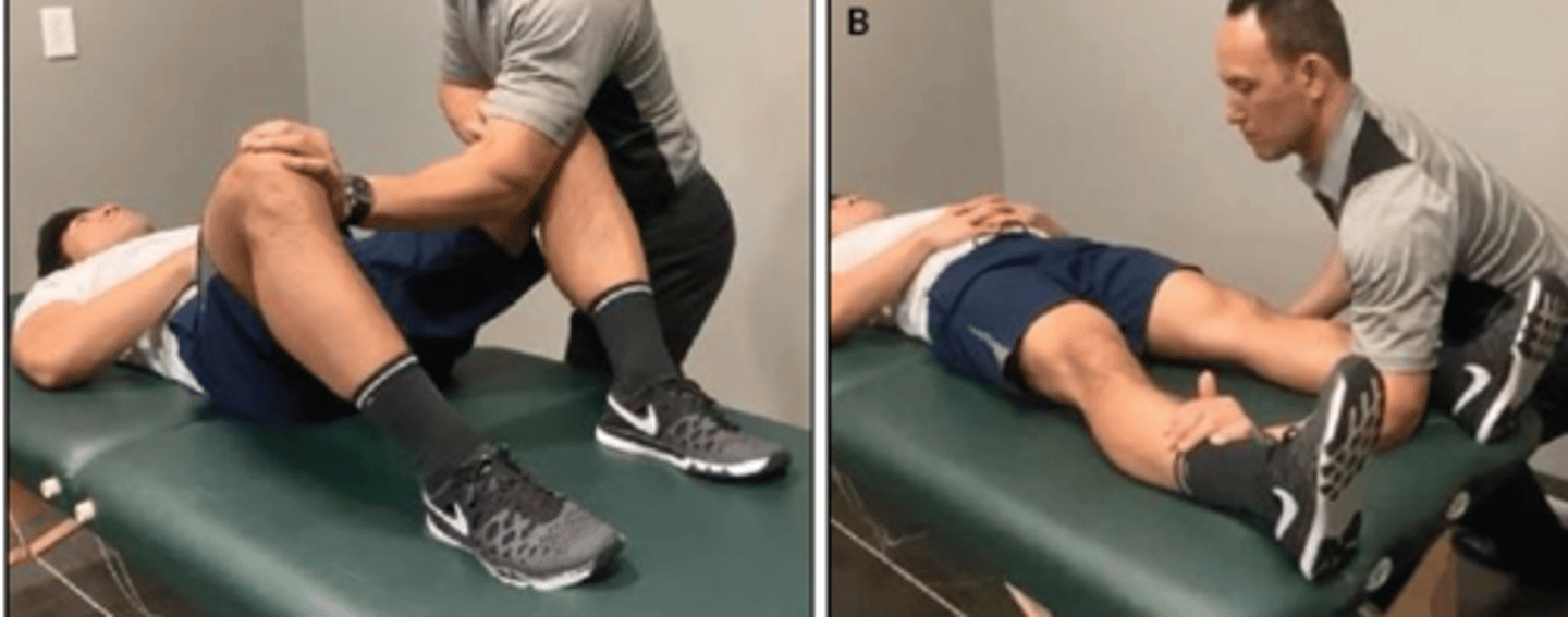 <p>purpose: test for groin pain (adductor muscle involvement - selective tissue tensioning) </p><p>procedure: </p><p>- patient hooklying with hips neutral in ABD/ADD</p><p>- examiner places forearm between the knees and patient is instructed to produce a maximal isometric adductor contraction for 5-10 seconds</p><p>(can also perform at 0 degrees hip flexion for which examiner resistance is at distal lower leg)</p><p>positive finding: reproduction of concordant groin pain</p>