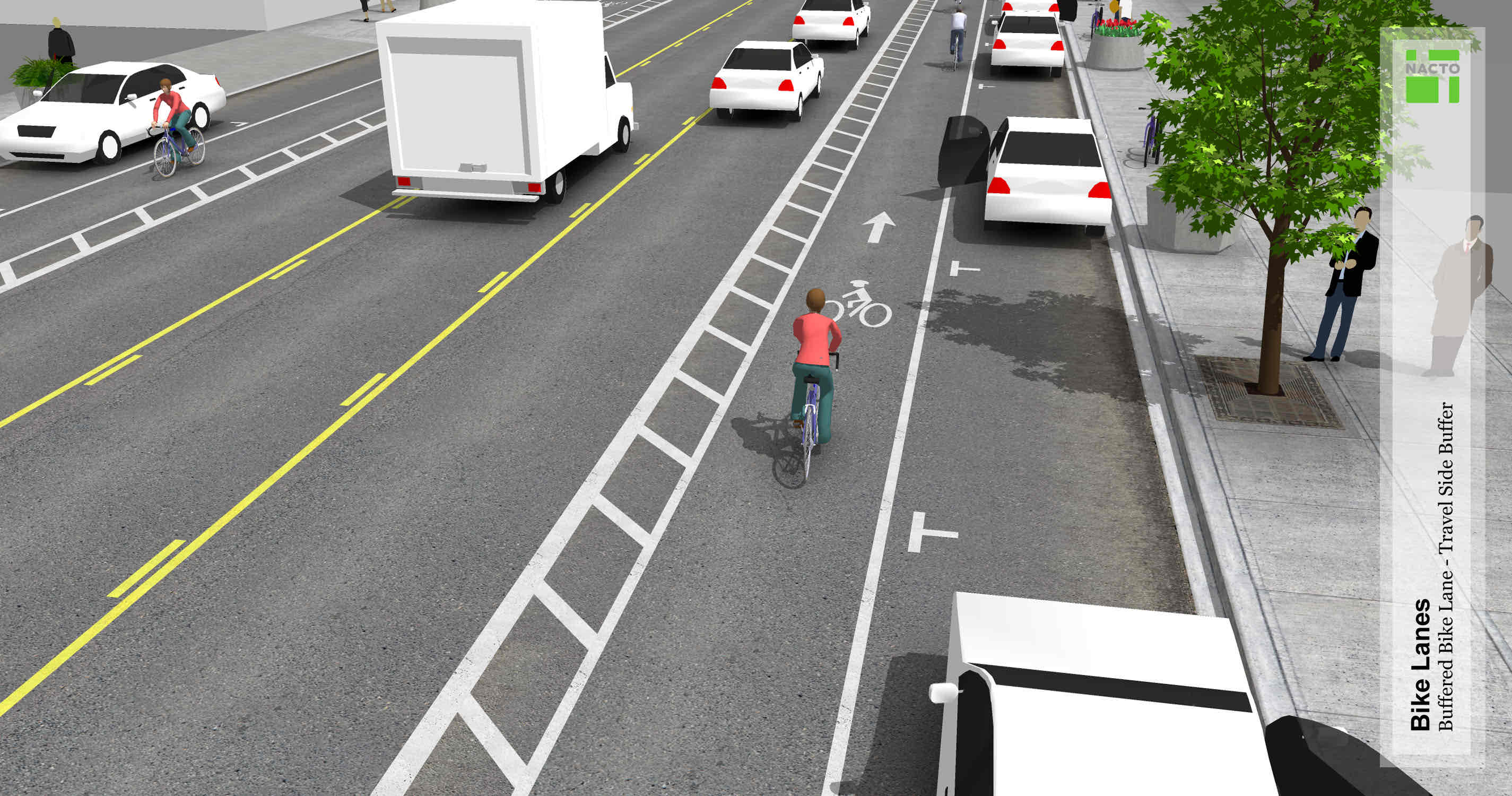 <p>Uses chevrons or diagonal markings to separate traffic and bicyclists and parking </p>