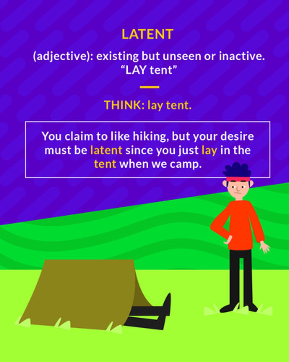 <p>present, but not active; hidden</p><p>(adj.) existing but unseen or inactive</p>