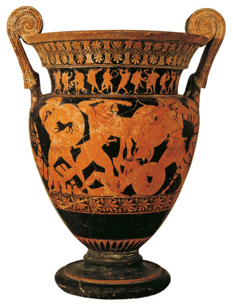 <p>Heracles:</p><p>Most visually obvious figure. Telamon on the left.</p><p>Wearing Nemean Lion headdress (impenetrable), nude, wielding a club.</p><p>Physically above an Amazon.</p><p>Amazons:</p><p>More threatening than the other sources.</p><p>Wielding shields, spears, helmets - though, they are in a Greek style to make them admirable. Some still orientalised - patterned dresses.</p><p>An Amazon is practically being trampled by him - physically on the floor cowering in fear.</p><p>Only glorified to make Heracles more impressive.</p>