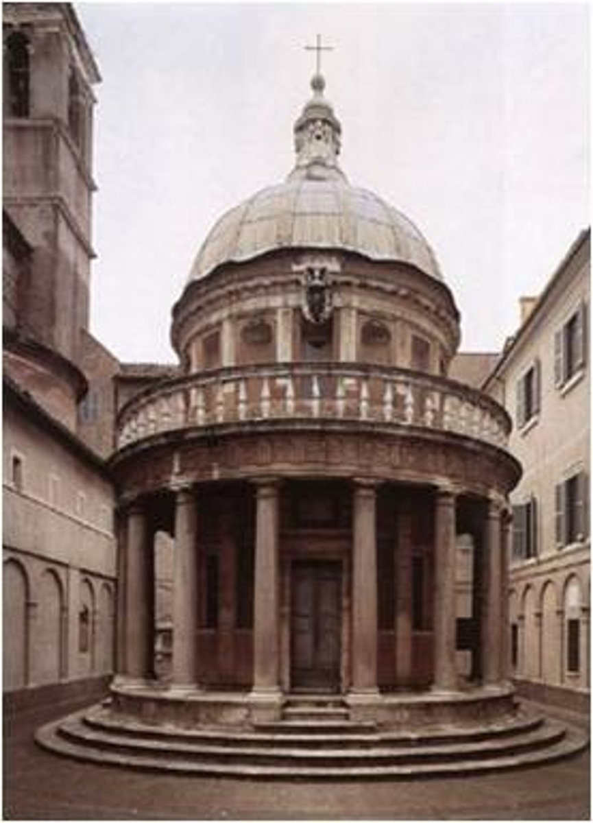 <p>Artist: Bramante</p><p>Location: San Pietro in Montorio, Rome</p><p>Medium: bearing masonry</p><p>Patron: SPANISH MONARCHS (Ferdinand and Isabella of Spain)</p><p>Important Info:</p><p>religious site</p><p>centrally planned building</p><p>proportions are classically inspired</p><p>(brunelleschi vibes)</p><p>TOMB FOR ST PETER</p><p>Why is the location significant? Marks the place believed to be where St. Peter was crucified</p>