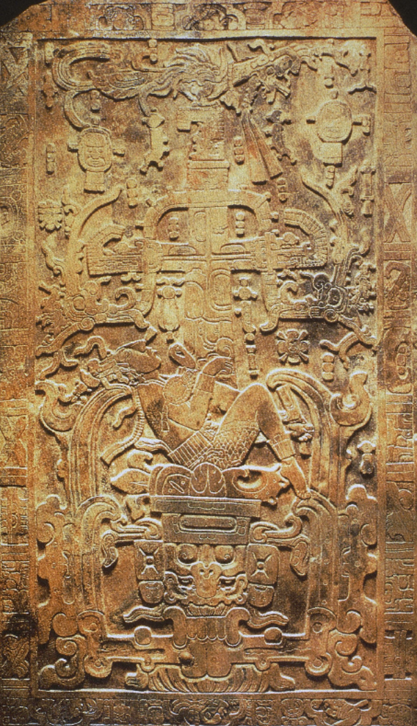 <p>Note <strong>bicephalic dragon </strong>or dragon with two heads in the cruciform world tree just above Pakal.</p>