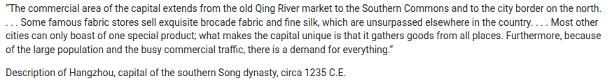 <p><span>Which of the following assertions in the description of Hangzhou above would be most difficult to verify?</span></p>