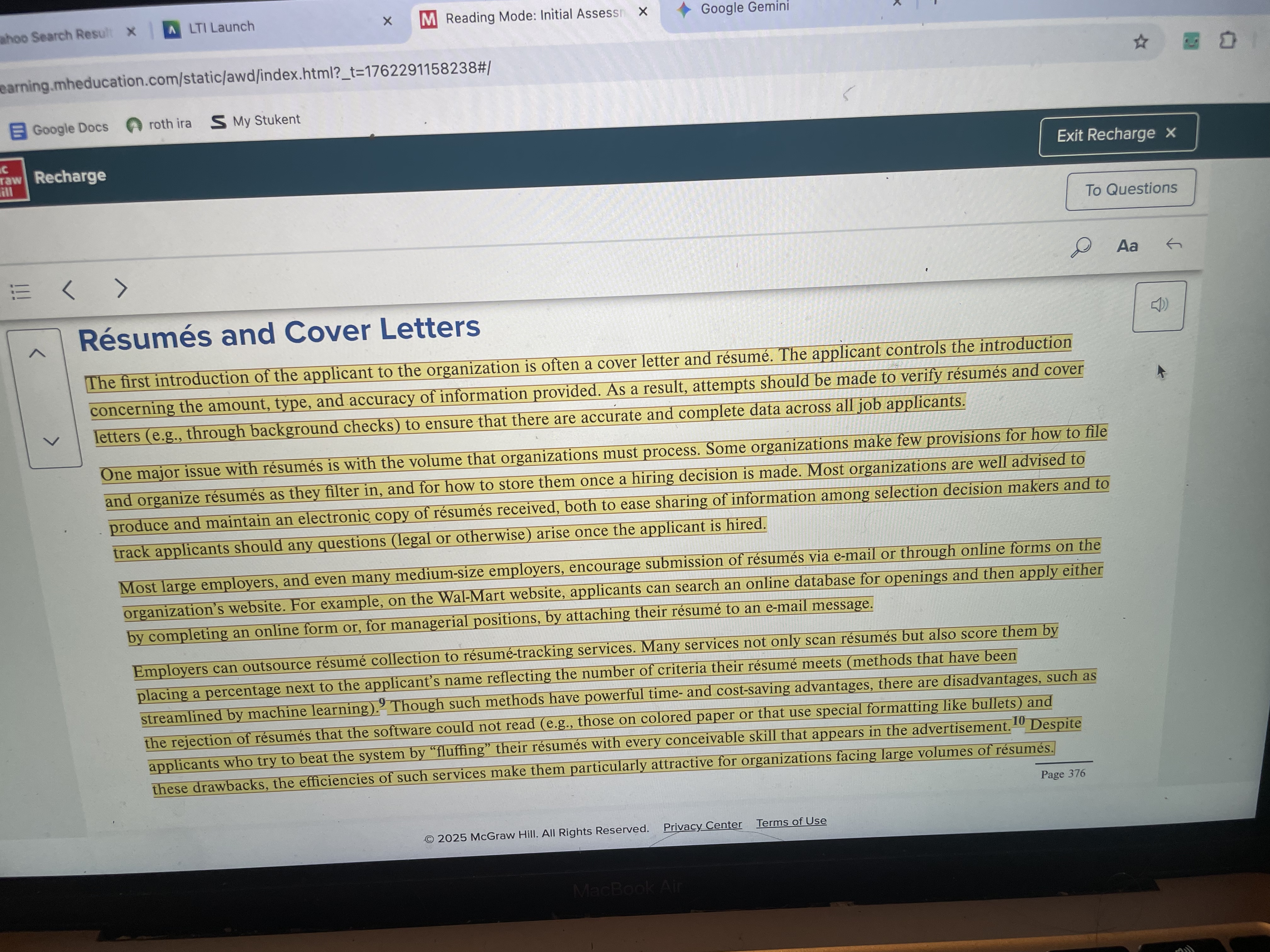 <p><span>The first introduction of the applicant to the organization is often a cover letter and résumé. The applicant controls the introduction concerning the amount, type, and accuracy of information provided. As a result, attempts should be made to verify résumés and cover letters (e.g., through background checks) to ensure that there are accurate and complete data across all job applicants.</span></p><p><span>One major issue with résumés is with the volume that organizations must process. Some organizations make few provisions for how to file and organize résumés as they filter in, and for how to store them once a hiring decision is made. Most organizations are well advised to produce and maintain an electronic copy of résumés received, both to ease sharing of information among selection decision makers and to track applicants should any questions (legal or otherwise) arise once the applicant is hired.</span></p>
