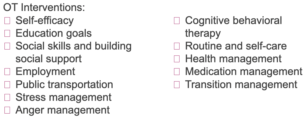 <p>individuals with mental illness who can receive care in less restrictive environments - Consumers must be considered safe to live outside the hospital -  practice coping skills </p><p>HW is beneficial, provide education, address social supports</p>