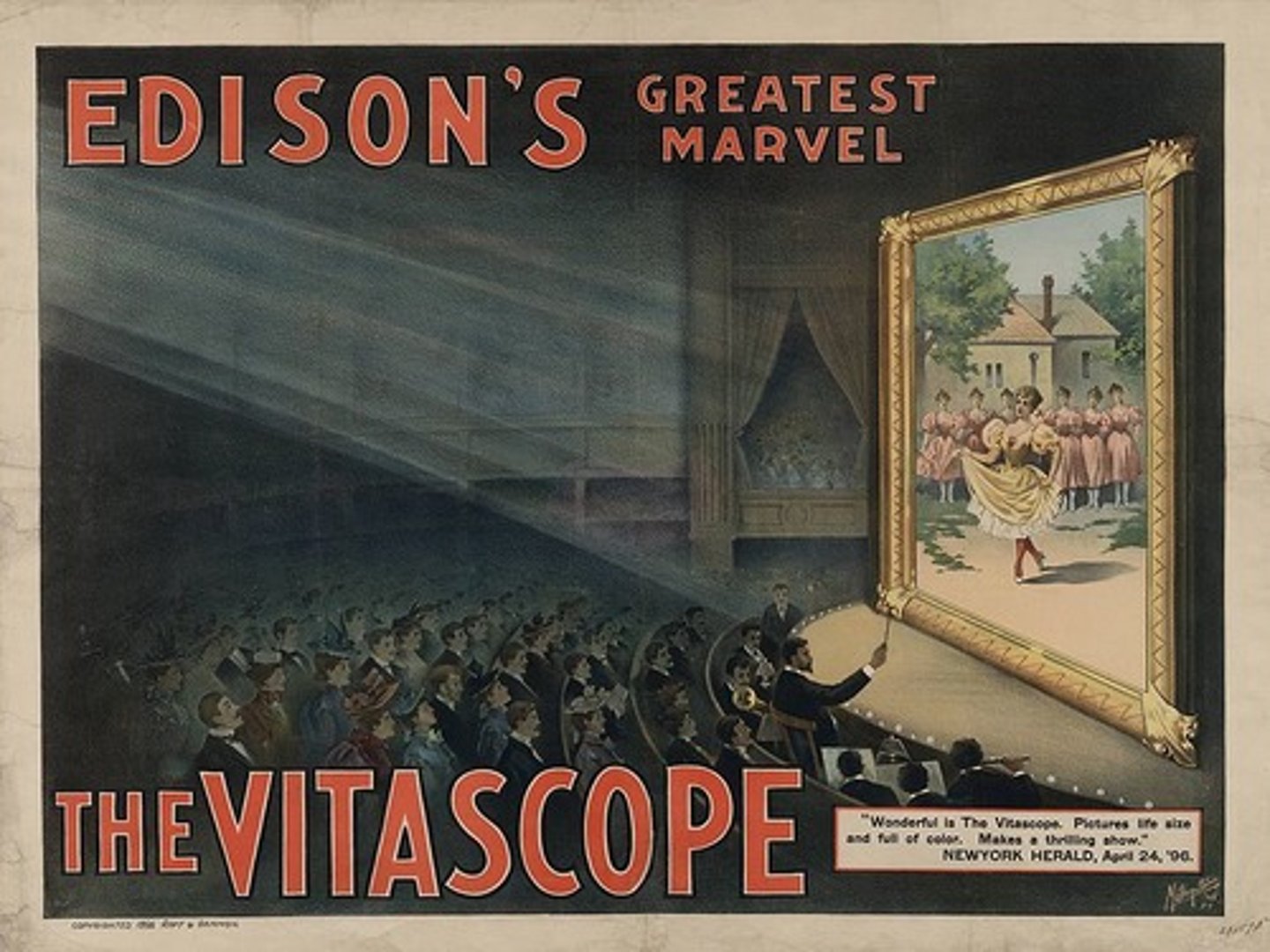 <p>1896, Edison vitascope, moving pictures and projecting them in magic lantern fashion</p>