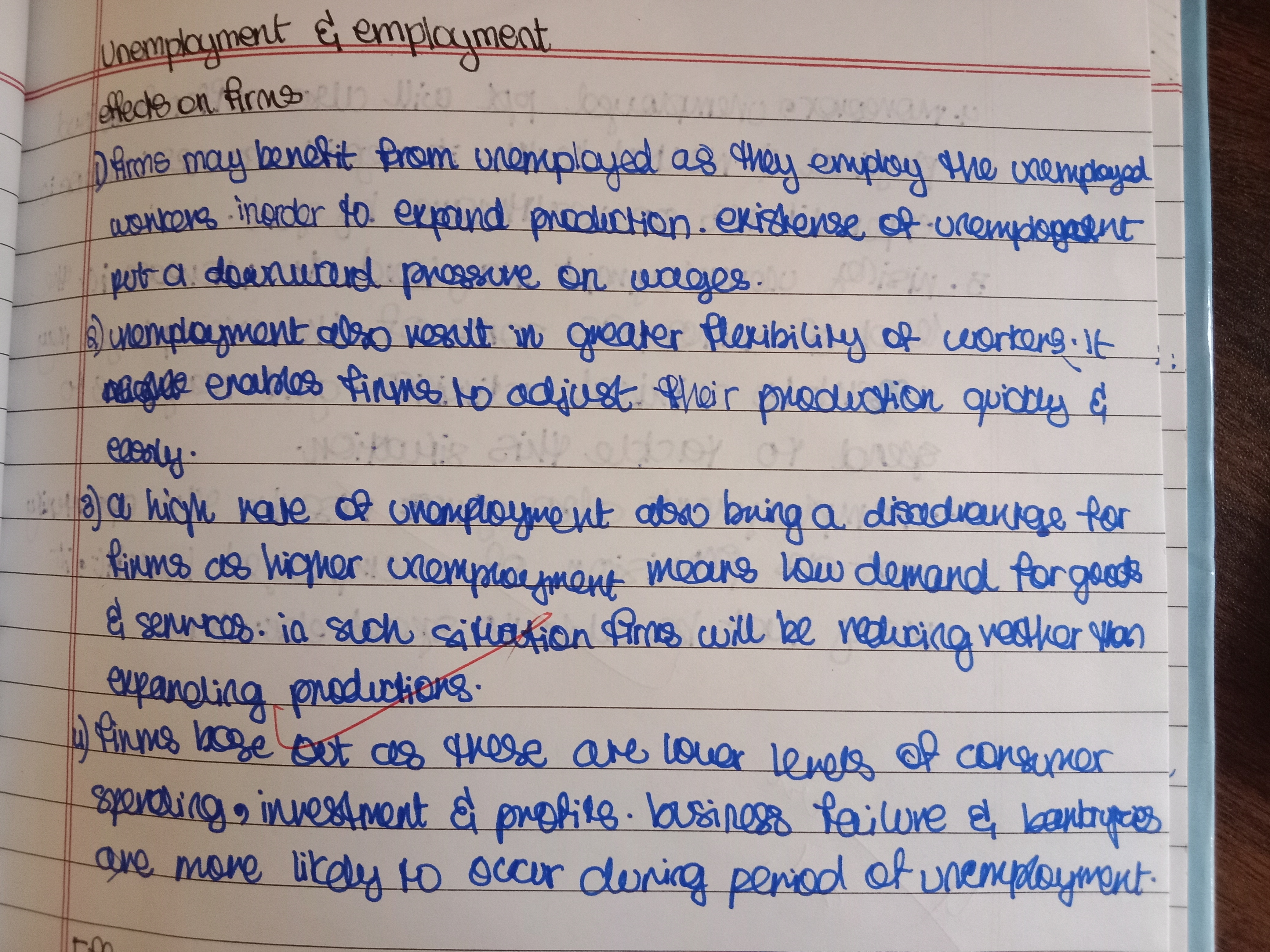 <ul><li><p><strong>Reduced demand for products:</strong> Unemployed people buy less, so businesses may sell fewer goods and services.</p></li><li><p><strong>Lower productivity:</strong> Firms may lose skilled workers if unemployment is high, making it harder to operate efficiently.</p></li><li><p><strong>Higher training costs:</strong> If people are out of work for long, firms may need to spend more to train new employees.</p></li><li><p><strong>Market instability:</strong> Unemployment can reduce overall consumer spending, affecting firms’ profits and growth.</p></li></ul><p></p>