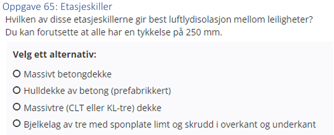 <p>(Etasjeskillere: bank) Hvilken av disse etasjeskillerne gir best luftlydisolasjon mellom leiligheter?</p><p>Du kan forutsette at alle har en tykkelse på 250 mm. </p>