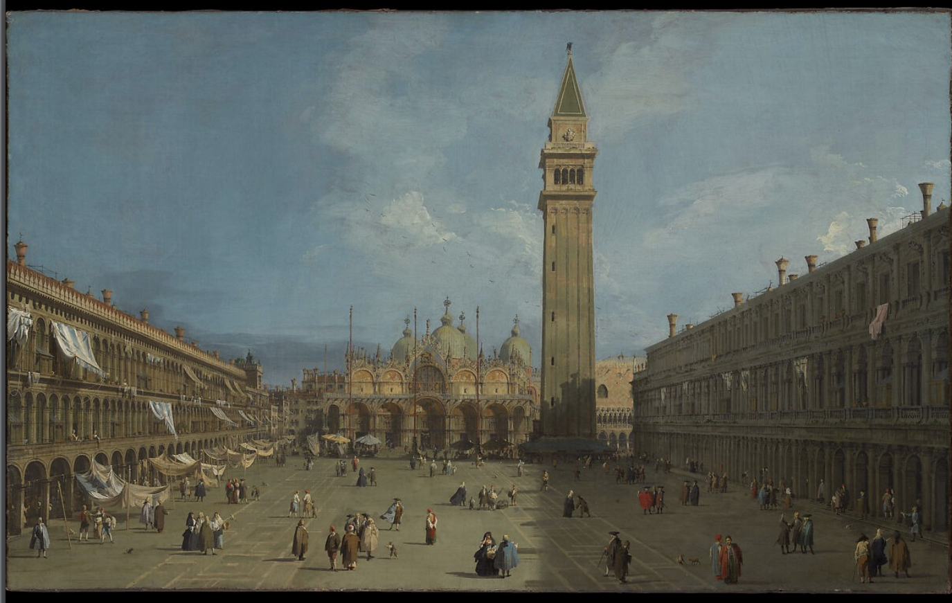 <p>Canaletto (Giovanni Antonio Canal), <em>Piazza San Marco</em>, Venice, late 1720s. Oil on Canvas</p>