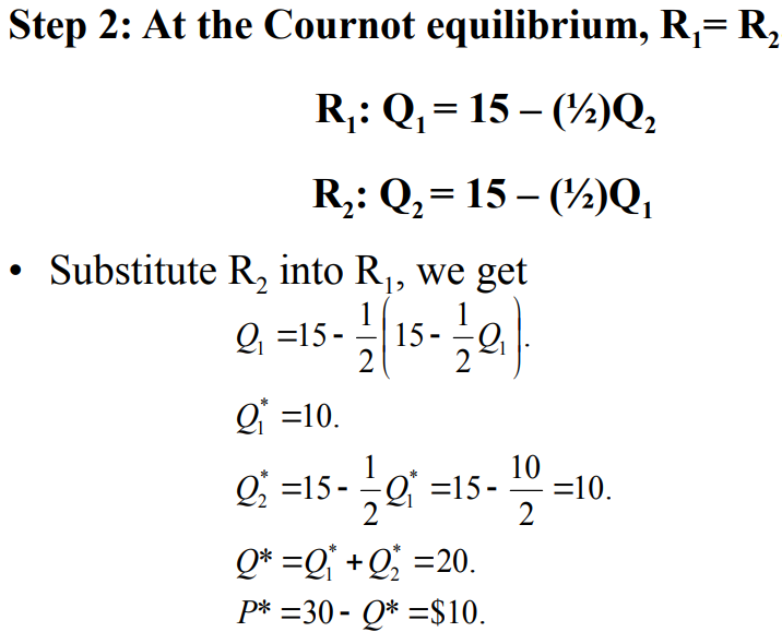 <p>The Cournot equilibrium happens at the intersection of the reaction curves of Firm 1 and Firm 2. No firm wants to change its output level because they do not find any other output level that gives them higher profit.</p>
