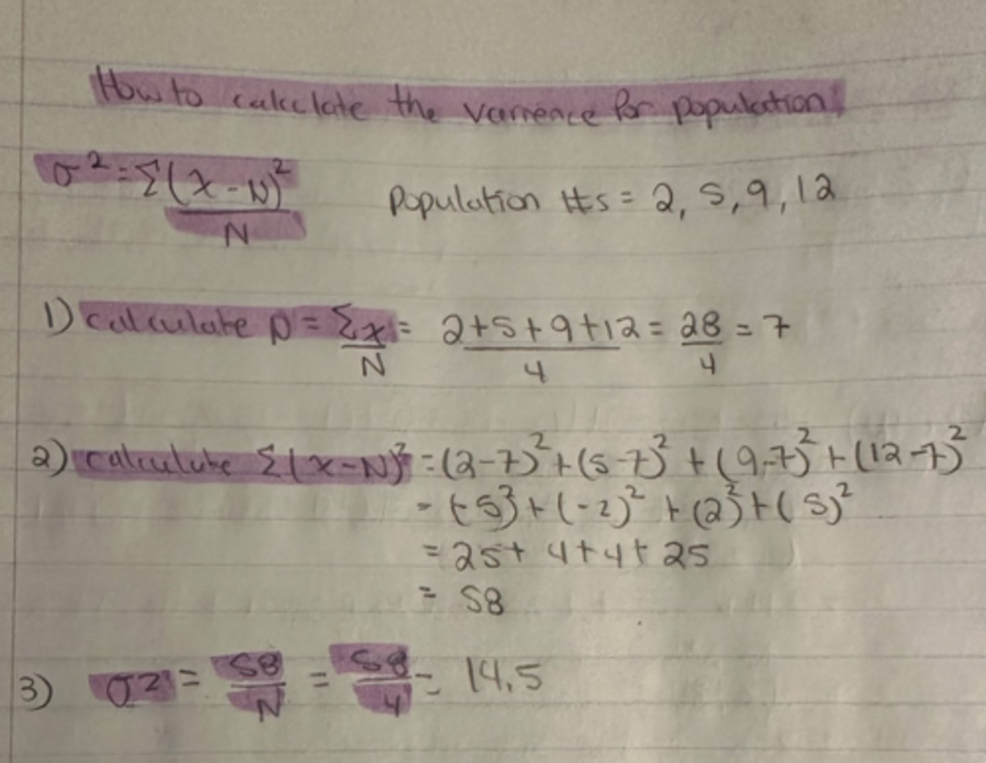 <p>population variance = 14.5</p>