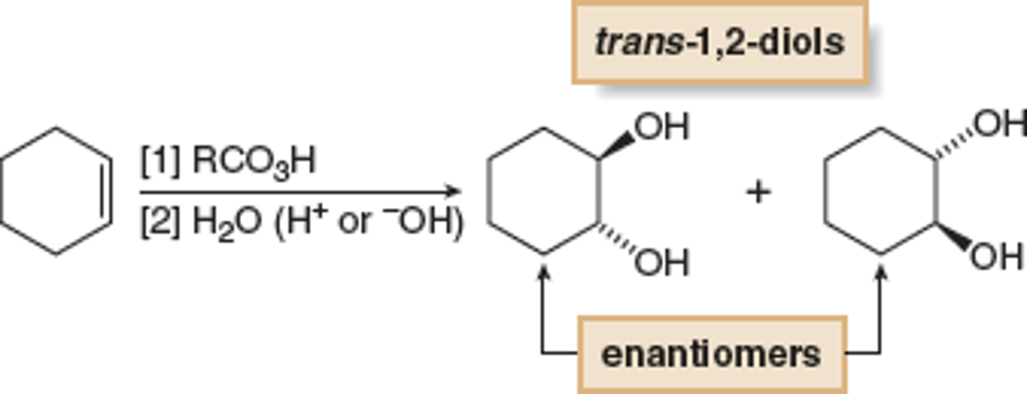 <p>-syn OR anti addition, stereospecific</p><p>-adding a catalytic amount (very little!) of osmium tetroxide (OsO4) and (CH3)3(COOH) and NaOH as an oxidizing agent</p><p>-Z makes meso compounds</p><p>-E makes RR and SS enantiomers</p>