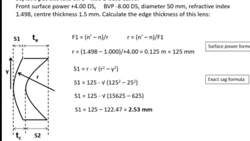 <p>as the base has changed to +4.00 more positive, more negative </p><p>sag is going to be bigger, radius smaller </p><p>power is needed in the rear surface</p><p>means edge surface is going to be thicker </p><p>a more positive base curve increases sag of both surfaces and increases edge thickness </p>
