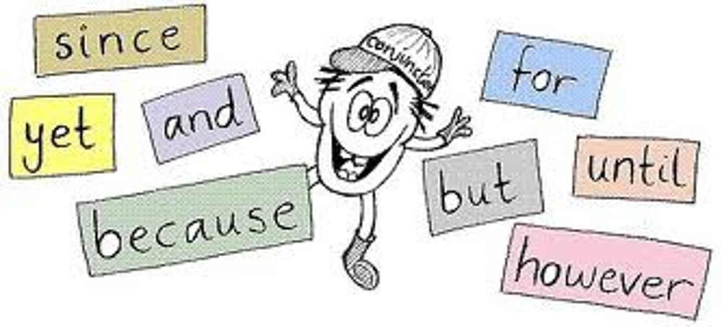 <p>Joins words, phrases, or clauses.</p><p>ex: and, but, so, although, because</p><p>FANBOYS</p>
