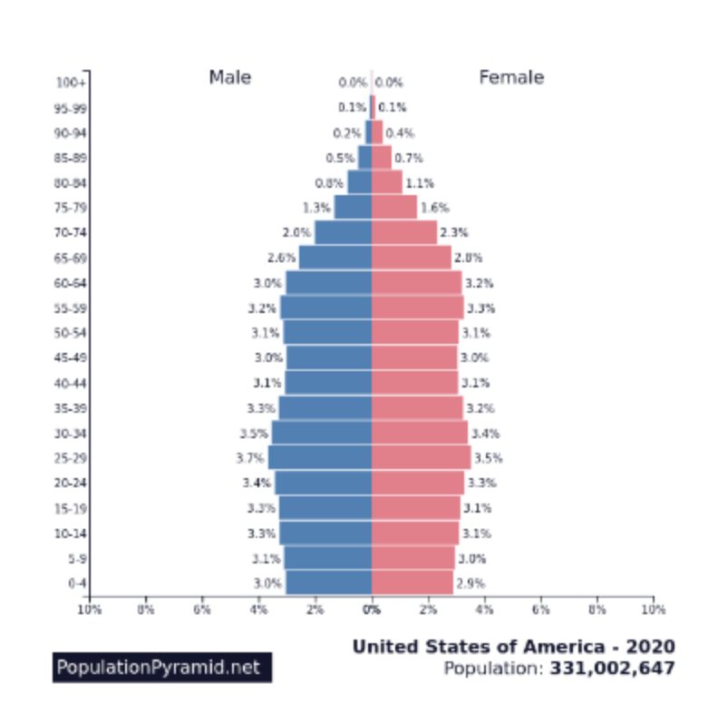 <p>Using the population pyramid below, which of the following statements is most accurate?<br><br>A.&nbsp;During the 1960s and 1990s, the United States was in an economic recession and so the population declined.</p><p>B.&nbsp;Population growth in the United States is increasing.</p><p>C.&nbsp;Between 1985 and 2000, more girls were born than boys.</p><p>D.&nbsp;During the 1960s and 1990s, the United States was experiencing substantial suburban growth and therefore, there was an increase in population growth.</p>