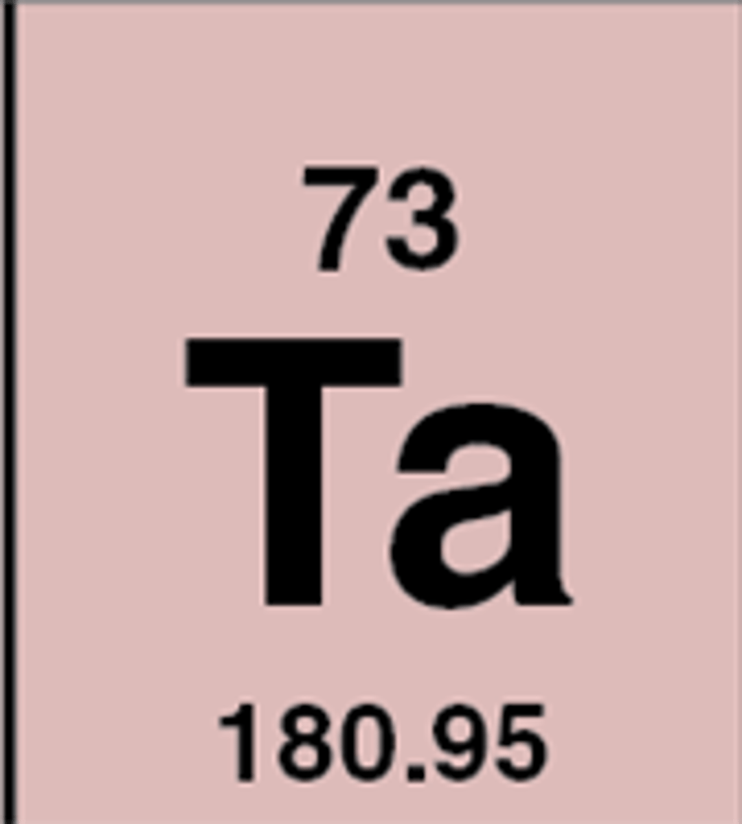 <p>Symbol: Ta<br>Atomic Mass: 180.9<br>Atomic Number: 73</p>
