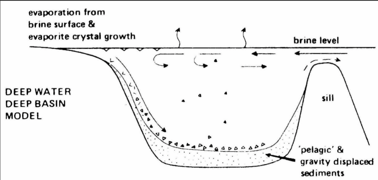 <p>Thick evaporite deposits require arid conditions and a silled basin (some kind of constriction (vertical or lateral) that impedes circulation of seawater)</p><ul><li><p>Sills can be tectonic features (folds, etc.) or reefs</p></li></ul>