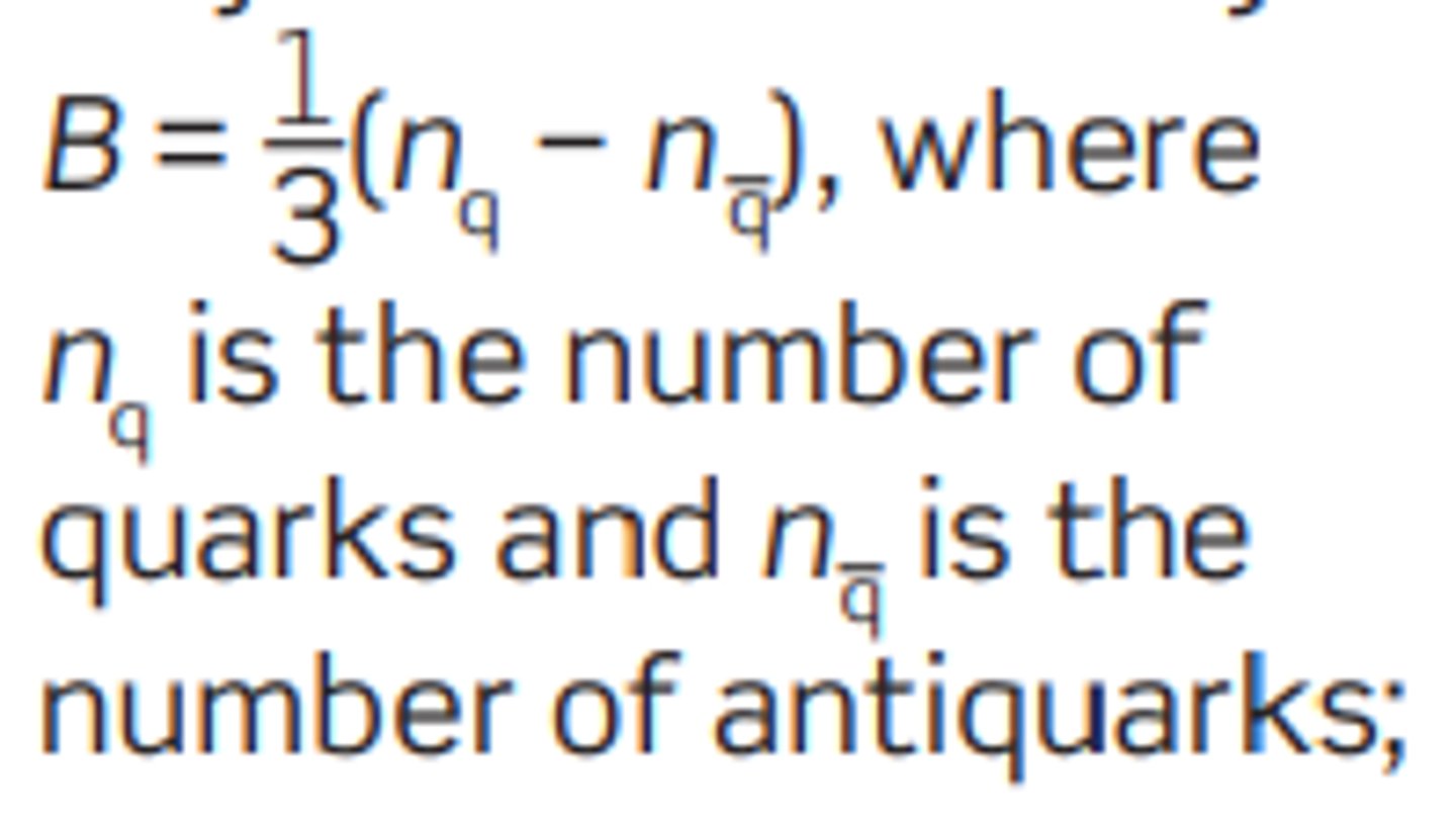 <p>A number describing the contents of a baryon. If the number is 1, it is comprised of quarks, if the number is -,1, it is comprised of anti-quarks, and if the number is 0 it is comprised of both (meson) or neither (lepton).</p>