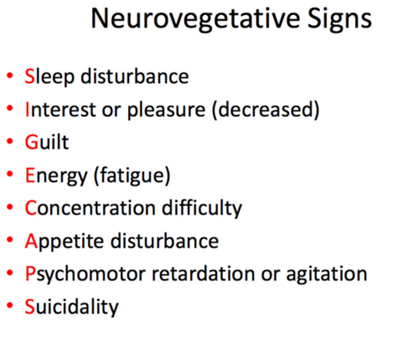 <p>Sleep disturbances</p><p>Interests are ↓</p><p>Guilt</p><p>Energy is ↓</p><p>Concentration is ↓</p><p>Appetite is ↓</p><p>Psychomotor Agitation</p><p>Suicidal thoughts</p><p>5 or more x2 weeks = MDE</p>