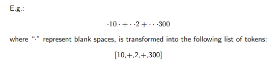<p>the source code is read from left to right (LR scan) and the characters are regrouped into tokens, which are successive characters that constitute numbers or identifiers.</p><ul><li><p>spaces are also supposed to be removed from the input during lexical analysis</p></li><li><p>see example in image</p></li></ul><p></p>