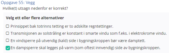 <p>En dampsperre skal legges på varm (som oftest innvendig) side av bygningskroppen</p>