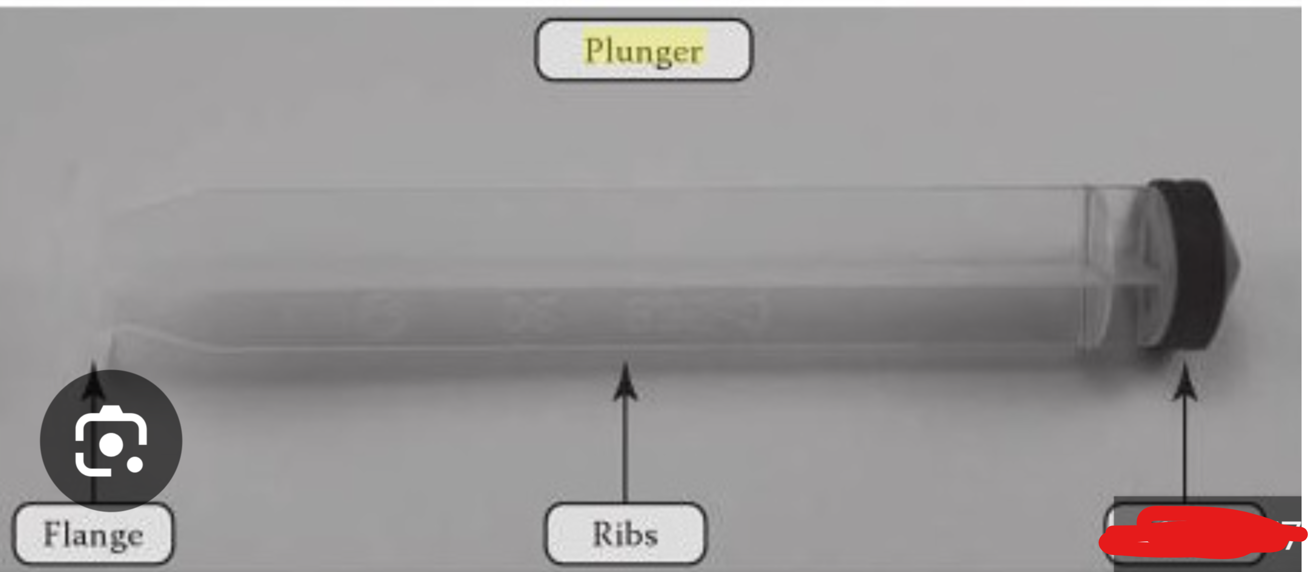 <p>part of a syringe</p><p></p><p>red blocked out portion</p>
