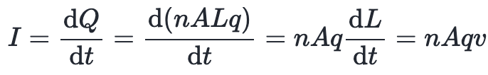 <p>v is the drift velocity of the charges, A is the are aof the cross section of the wire, L is the length of the wire, n is teh number of charges per unit volume</p>