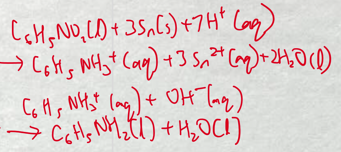 <ol><li><p>nitrobenzene reduced with Sn in acidic environment to form intermediate ion and Sn<sup>2+</sup> ions</p></li><li><p>intermediate ion converted to phenylamine in the presence of OH<sup>-</sup></p></li></ol><p></p>