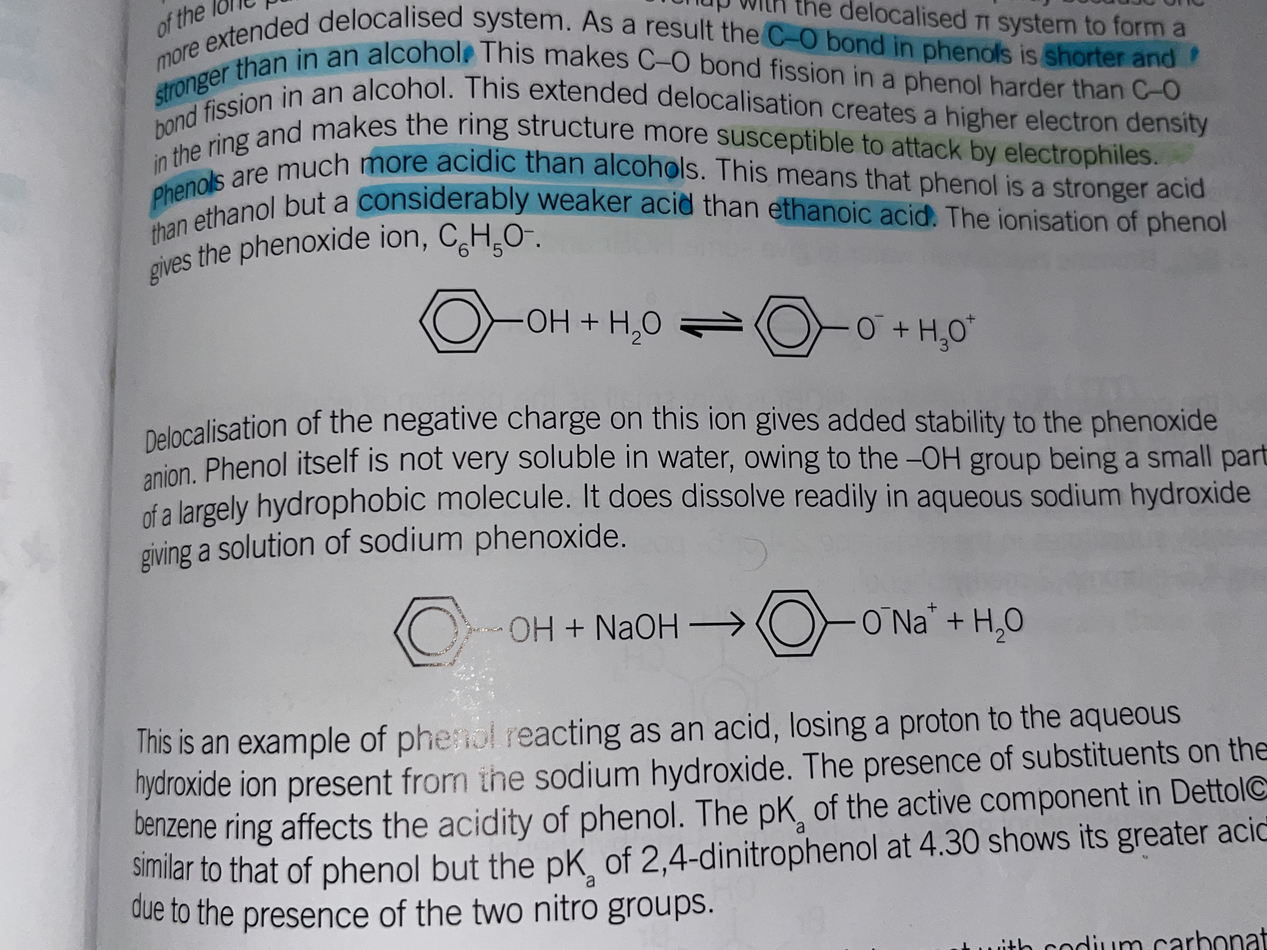 <p>Gives a colourless solution containing sodium phenoxide- showing it must be acidic</p><p>hydrogen ion has been removed by the strongly basic hydroxide ion in the solution</p><p>this shows phenol reacting as an acid losing a proton to the aqueous hydroxide ion</p><p>The presence of substituents on the benzene ring affects the acidity of phenol</p>