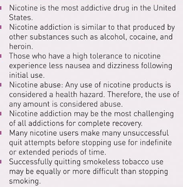 <p><span><strong>• Addiction: </strong>“chronic, progressive, relapsing disease characterized by compulsive use of a substance” </span></p><p><span><strong>• Tolerance-</strong>User’s need to smoke or chew the same product which can decrease the effectiveness = resulting in more product use </span></p>