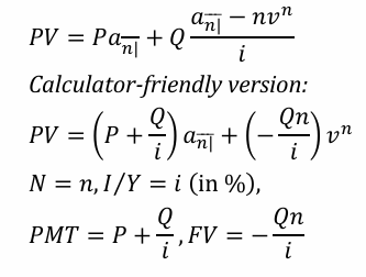 <p>This formula calculates the present value of an n-year annuity-immediate with payments that increase arithmetically. The payments start at $$P$$ and increase by $$Q$$ each period.</p><p></p>