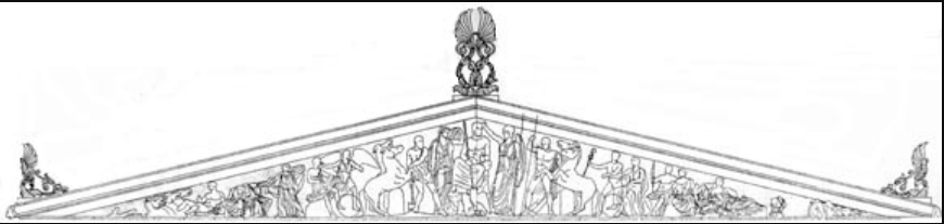 <p>low pitched gable above a portico</p>