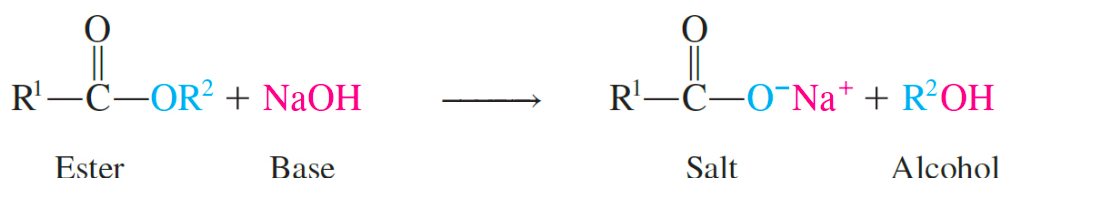 <p>produces the fatty acid salts and glycerol; makes soap</p>