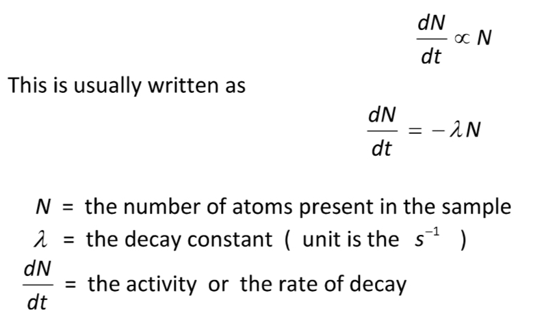 <p>The rate of decay of a radioactive isotope is proportional to the number of atoms of the isotope present.</p>