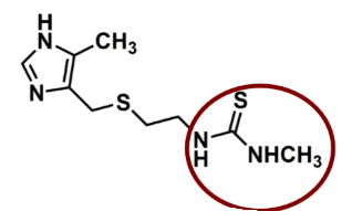 <ul><li><p>stable in the acidic pH of the stomach </p></li><li><p><u>pharmacophore:</u> <strong>thiourea </strong></p><ul><li><p>side effects like decreasing WBC</p></li></ul></li></ul>