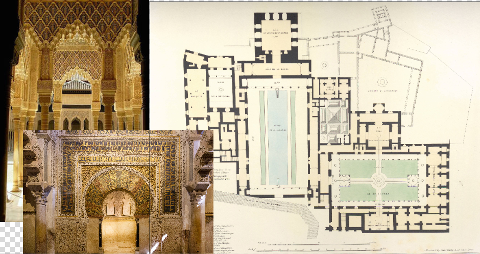<p>Alhambra</p><p>1354 CE</p><p>Nasrid dynasty (Muslims)</p><p>Whitewashed adobe stucco, wood, tile, paint and gilding</p><p>Grenada, Spain</p><p>Context:</p><p>Content: Court complex enclosed in walls with only 4 entrances, built with safety in mind, complex geometric tiles, contains patio and pool, arches and double arches, lattice windows to let in light, “The remaining surfaces are covered with intricately carved stucco motifs organized in bands and panels of curvilinear patterns and calligraphy.”, maquarnas = vaulted honeycomb ceiling</p><p>Function: Residence for nobles, barracks for guards, place for court officials to live and work</p>