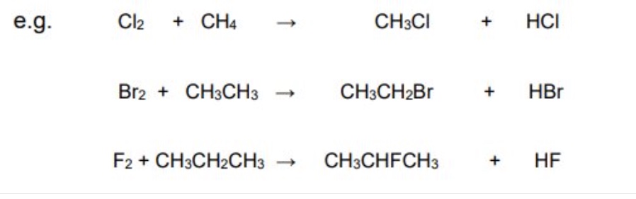 <p>halogen + alkane → halogenoalkane + hydrogen halide</p>