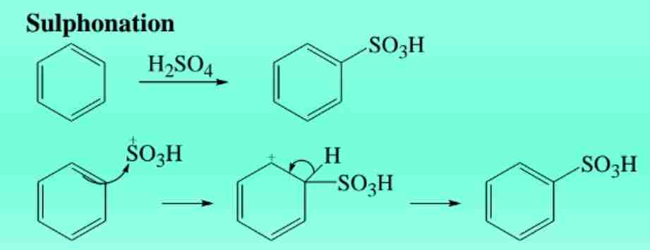 <p><span>Reaction with H2SO4 yields benzene sulfonic acid.</span></p>