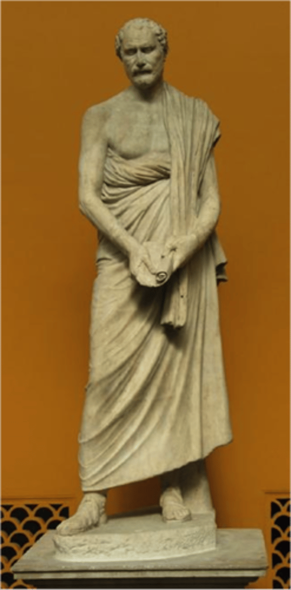 <p>Copenhagen, Ny Carlsberg Glyptotek. Roman copy of original ca. 280 BCE, attributed to Polyeuktos. ca. 50 replicas of this statue exist. was set up in the Agora. wears a himation, deep in thought, pondering. stands w his fingers interlaced.</p>