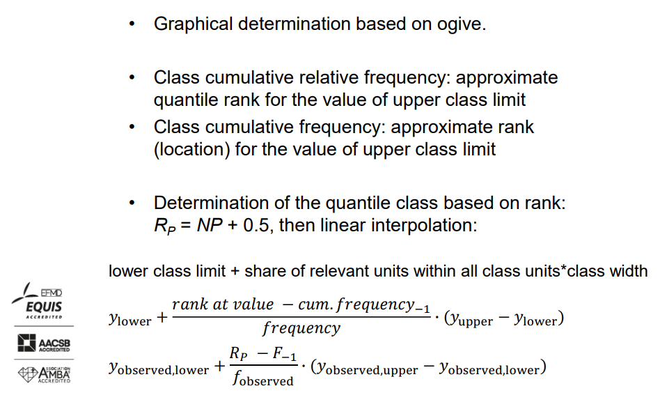 <p>- Graphical determination based on ogive.</p><p>- Class cumulative relative frequency: approximate quantile rank for the value of upper class limit.</p><p>- Class cumulative frequency: approximate rank (location) for the value of upper class limit.</p><p>- Determination of the quantile class based on rank: RP = NP + 0.5, then linear interpolation:</p><p>  - lower class limit + share of relevant units within all class units * class width</p><p>    𝑦lower + </p><p>    (rank at value - cum. frequency - 1) / frequency * (𝑦upper - 𝑦lower)</p><p>  - 𝑦observed,lower + (RP - F−1) / 𝑓observed * (𝑦observed,upper - 𝑦observed,lower)</p>